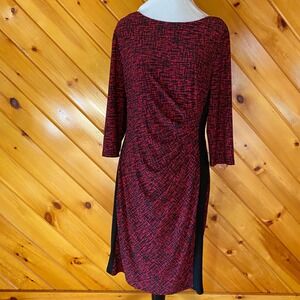 Lauren Ralph Lauren Red Black Abstract Ruched Sheath Dress 3/4 Sleeve Size 14